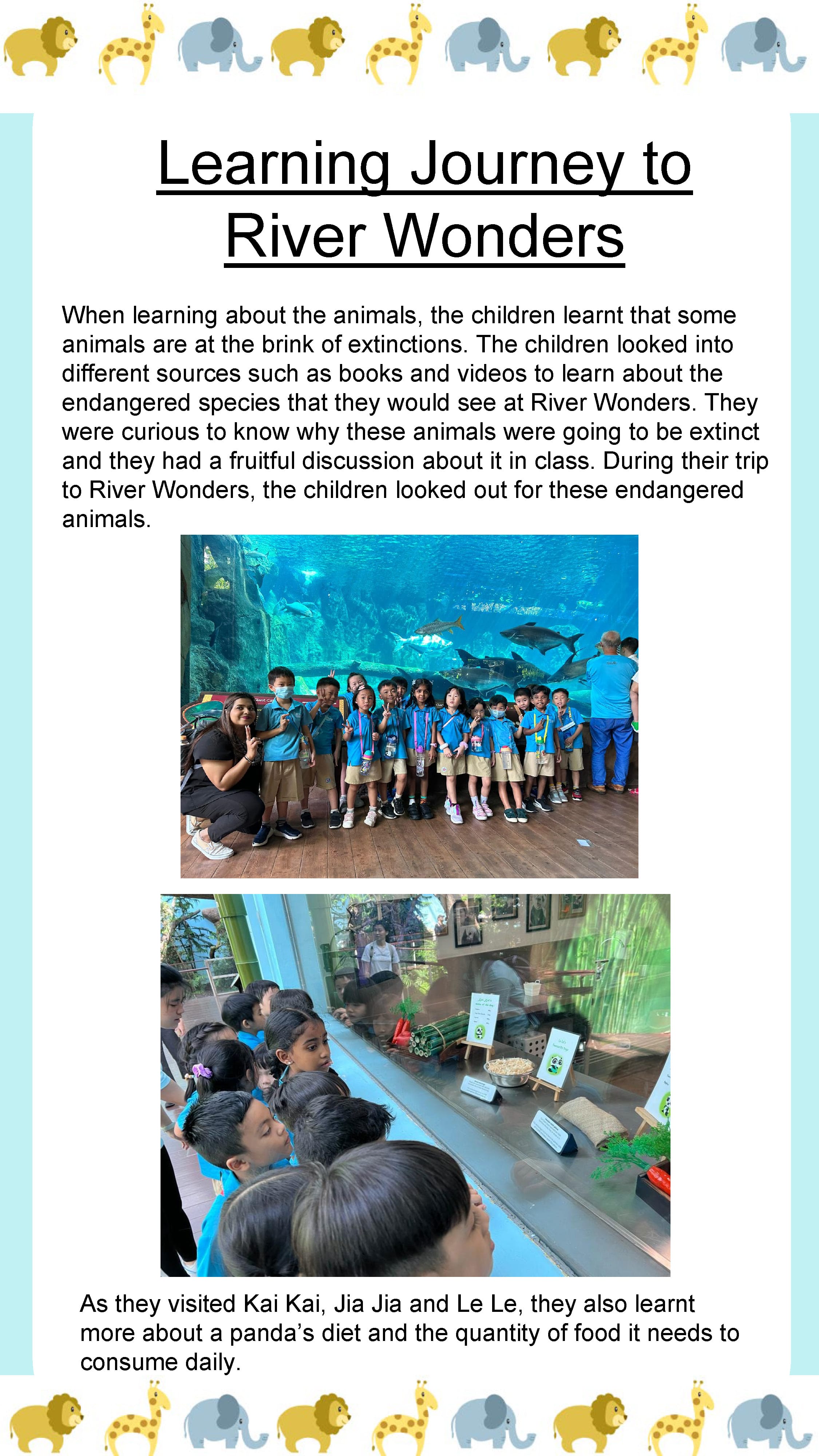 Children explore River Wonders, learning about endangered animals, giant pandas, and conservation through close observation.